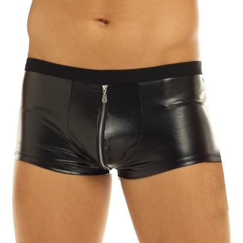 Mens Lingerie Leather Underwear Wet Look Zipper Bulge Pouch Low Rise Boxer Briefs Shorts Underwear Hot Sexy Tight Underpants