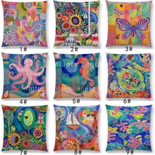 New Indigo Flowers Prints Cushion Cover Sofa Pillow Case Bouquet Blooms Butterfly Garden Hummingbird Seahorse Spring Summer