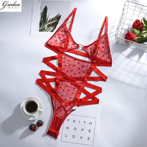 GREDEA New Womens Teddy Bodysuit Sexy Lingerie Mesh See-Through Heart-Shaped Polka-Dot Sling Erotic Underwear Red Thin Pajamas
