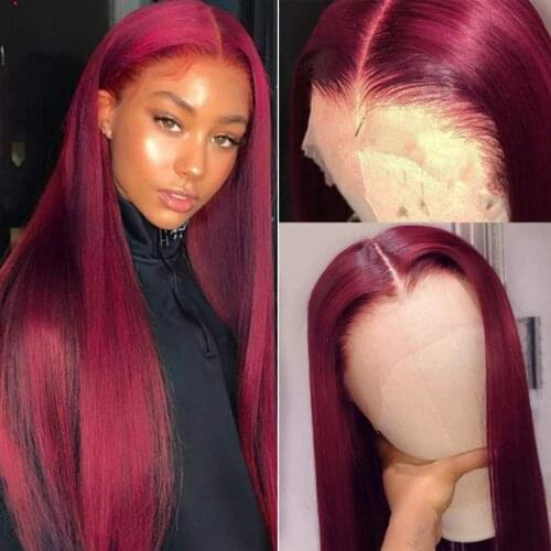Peruvian Straight Lace Front Human Hair Wigs BG Color 13x4 Lace Frontal Wigs Burgundy Pre Plucked Hairline 4x4 Lace Closure Wigs
