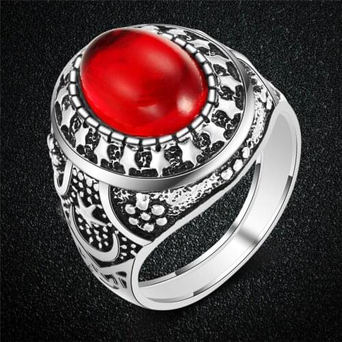 Antique Silver Color Moon Star Ring Big Oval Red Stone Rings For Men Women Vintage Fashion Jewelry Wedding Engagement Party Gift