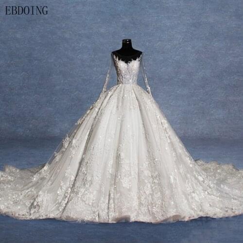 Real Photo Vestidos De Novia Ball Gown Wedding Dress Scoop Neckline Full Sleeve Royal Train Plus Size Lace Bride Gowns