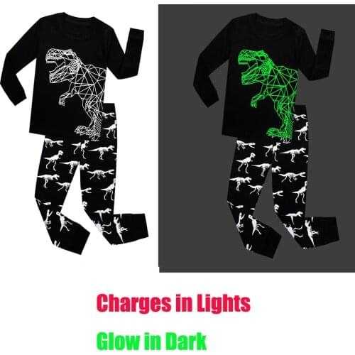 Luminous Pajamas Glow In Dark Boy Girl Pajama Sets Dinosaur Tshirt Pants Pyjama Suit Autumn Winter Cotton Black Christmas Pijama
