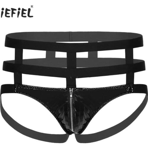Mens Lingerie Patent Leather Briefs Panties Bulge Pouch Backless Zipper Open Front Sexy Underpants G-String Thong Underwear
