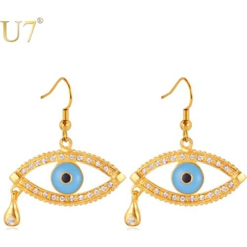 U7 Eye Earrings Lucky Jewelry Gold Color Rhinestone Tear Eye Design Women Gift Drop Earrings Wholesale E493