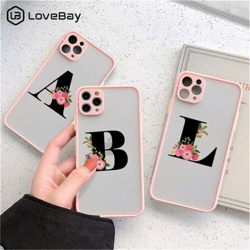 Lovebay Initial Pink 26 Letters Frosted Floral Shockproof Phone Case For iPhone 11 12 Pro Max Mini 7 8 Plus X XR XS Max SE 2020