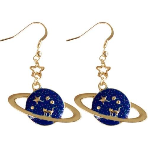 Japenese Korean Sweet Dark Blue Earth Moon Gold Color Round Circle Dangle Earrings Cut Cat Stars Drop Earrings for Grils Women