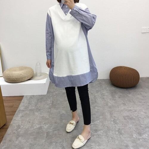 Maternity Women Blouse Spring Autumn Long Sleeve Casual Mid-long Shirt New Moms Fashion Striped Faux 2 Pcs Loose Blouses Dresses
