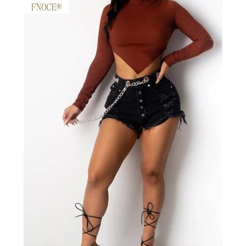 FNOCE Summer New Style Womens fashion Casual Net Red Black Frayed Jeans Womens chain Belt