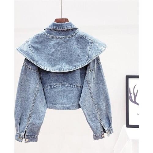 Women Denim Short Coat Shawl Detachable Vintage Loose Jacket 2021 Streetwear Long Sleeve Boyfriend Blue Cowgirl Jacket Female