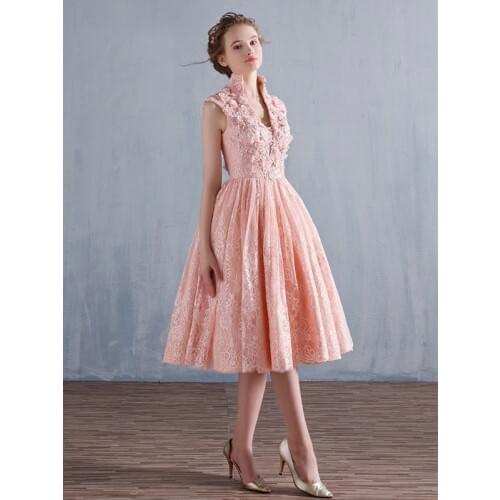 Robe be soriee 2019 Pretty V-Neck Appliques Lace Junior Prom Dress Pink Evening Formal Dress Knee Length Prom Gowns Vestidos