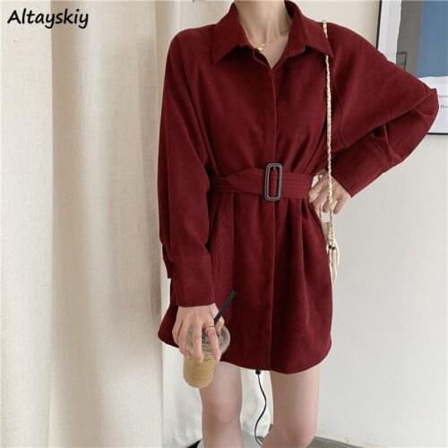 Dress Womens Solid Long Sleeve Turn Down Collar Sashes High Waist A-Line Dresses Feminine Design Retro Casual Loose Soft Trendy