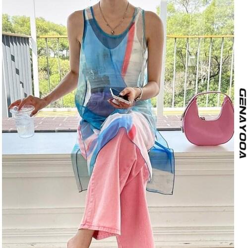 Genayooa Tie Dye Mesh Tank Summer Dress Women Split Sleeveless Colourful Perspective Women Dress Y2k Style Korean Vestido 2021