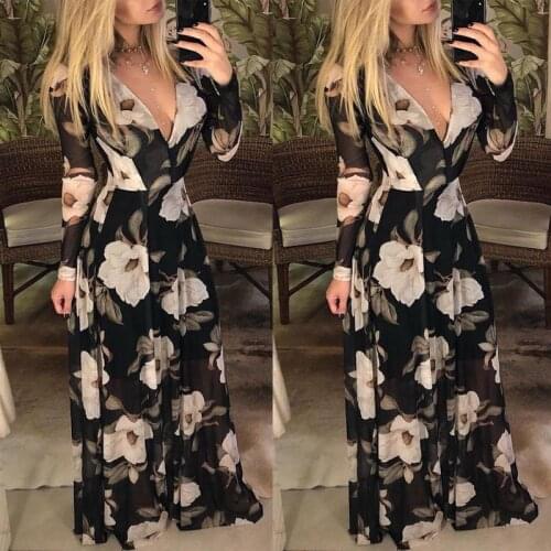 Vintage Women Dress Ladies Dresses Flower Print Long Maxi Dresses Women Floral Dress With Long Sleeve Evening Party Clothes