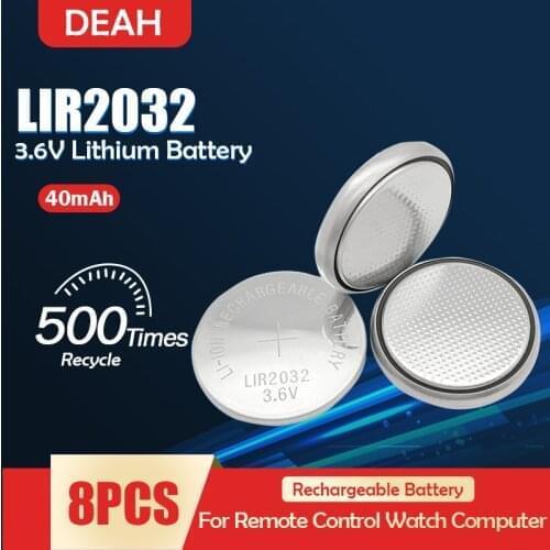 8PCS LIR2032 LIR 2032 3.6V Rechargeable Lithium Battery For Watch Remote Control Scale Button Coin Cell Replace CR2032 ML2032