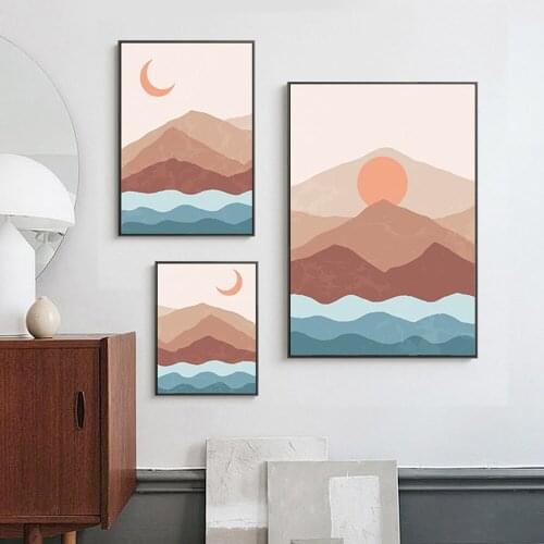 Abstract Boho Landscape Pictures Moon Sun Posters And Prints Vintage Wall Art Nordic Forest Canvas Painting For Bedroom Decor