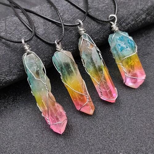 Irregular Colorful Crystal 7Chakra Electroplated Gradient Crystal Around Gold Wire Pendant Necklace For Women Jewelry