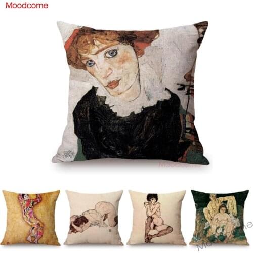 Austria Abstract Expressionism Art Egon Schiele Nude Girl Sexy Art Self-portrait Oil Painting Pillow Case Sofa Cushion Cover