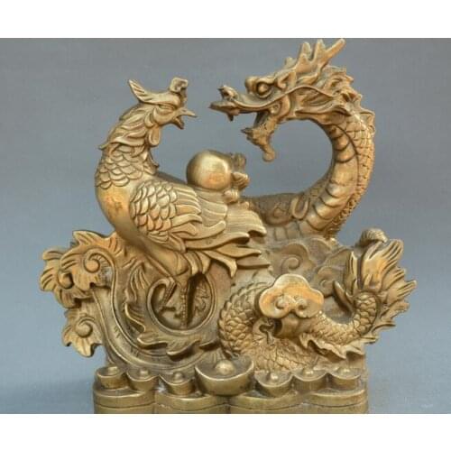 Chinese fengshui old Bronze carve dragon phoenix auspicious yuanbao money statue