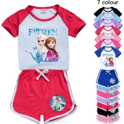 Summer Baby Girl Clothing Set Cartoon Princess Frozen Anna Elsa Olaf Children Girl Short Sleeve T Shirt+Jean 2 Pcs Casual Suit