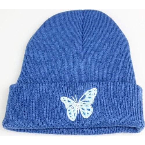 Cute Butterfly Women Beanie Knit Cuff Hat Embroidery Acrylic Winter Skull Cap Soft Stretchy Yellow Blue Beige Grey