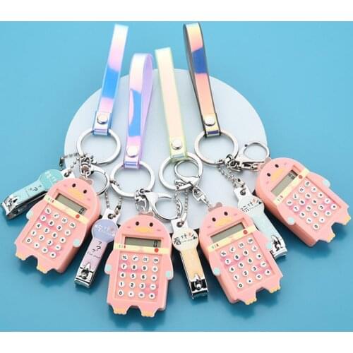Cute Mini Cartoon Calculator Decor Pendant Keychain Bag Pouch Decor Pendant with Nail Clipper Keyring Gifts