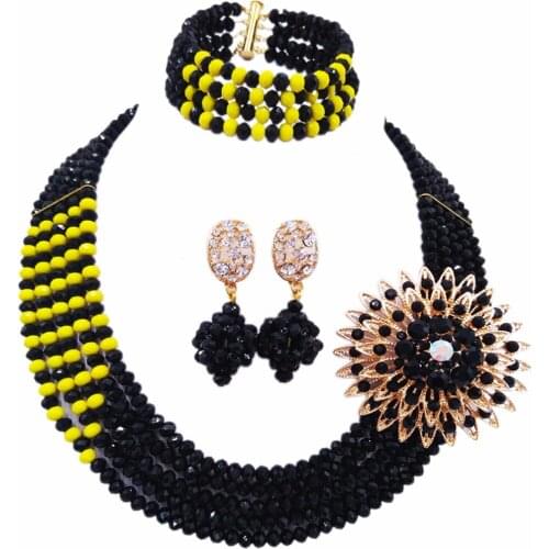 Fashion Black Opaque Yellow Multi Strands Statement Necklace Nigerian Wedding African Beads Jewelry Set Crystal 5JZ08