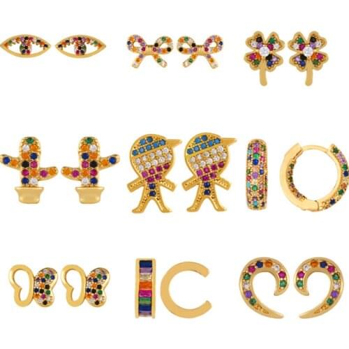 Fashion Rainbow Zircon Stud Earrings Jewelry for Women Gold CZ Earrings Flower Heart Round Butterfly Earrings Jewelry Gift