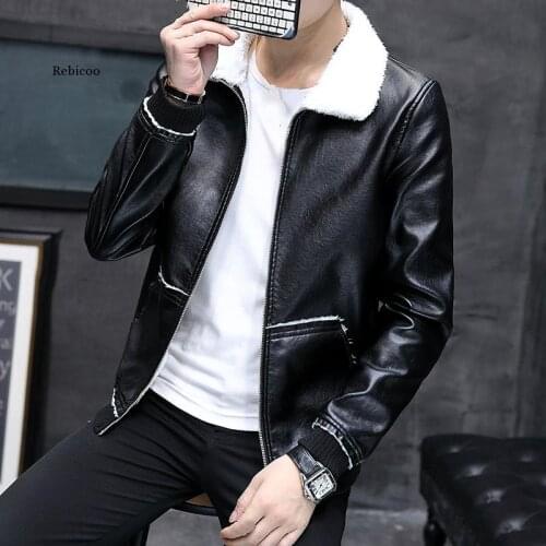 Autumn Winter Black Large Size Pu Leather Jacket Men Faux Fur Collar Velvet Fluffy Jacket Male Warm Faux Leather Thick Coat