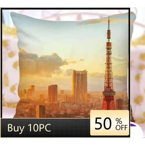 National Famous Building Series Cushion Cover Japan Tokyo Iron Tower All Angle Landscape Pillowcase Hom Decor Throw Pillow Cover