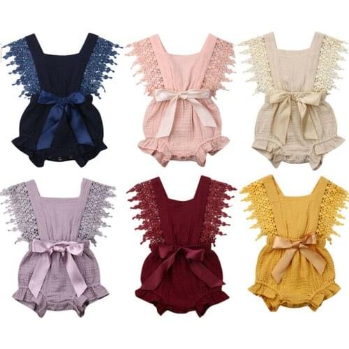 6 Colors Solid Lace Bodysuits Newborn Baby Girls Bow-knot Jumpsuits Clothes Outfits 0-24M