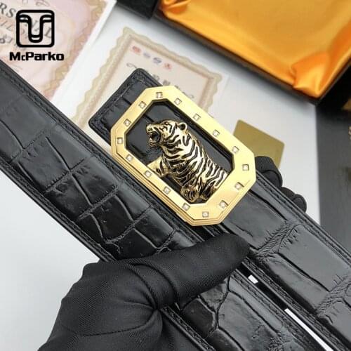 McParko New Mens Belts Luxury Buckle Tiger Designer Belt Men Genuine Leather Crocodile Waist Belt For Men Exotic Punk Rock Strap