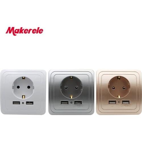 Makerele Power Outlet EU Standard 16A 250V Wall Socket with 5V 2A dual USB ports 86type