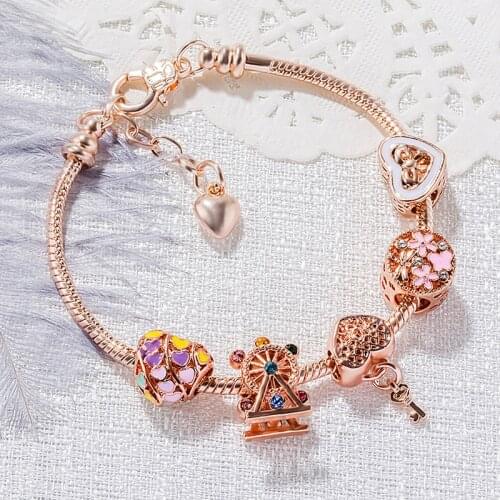 Rose Gold Rainbow Peach Heart Beads DIY Bracelet Female Love Hollow Bead Key Pendant Pandora Charm Bracelet February 14 Gift
