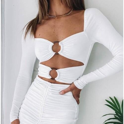 Sexy Dress Women Push Up Hip Skinny Mini Dress Solid Hollow Out Pleated Bodycon Womens Dresses Long Sleeve Female Clothes