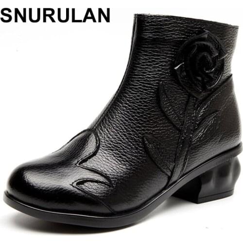 SNURULANNew Arrival Autumn Fashion Women Genuine Leather Boots Handmade Vintage Flower Ankle BotinesShoes Woman WinterbotasE154
