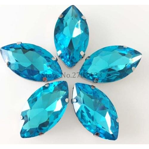 Lake blue Glass Crystal sew on rhinestones with four holes with Silver claw,diy Wedding Dress Decoration Free shipping