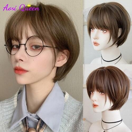 Heat-resistant synthetic short BoBo hair, black brown highlighting white tea gray, cold brown cosplay wig for women