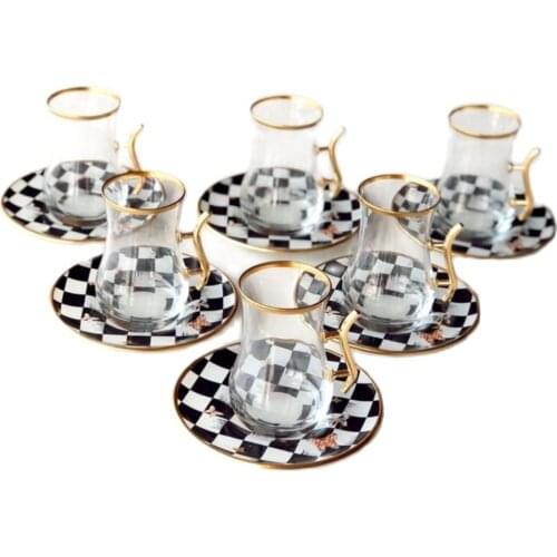 Turkish Tea Cup Checkered Tea Set Handle 12 Piece Turkish Russian English Arabic French Morocco Chinese Tea Cup Sets