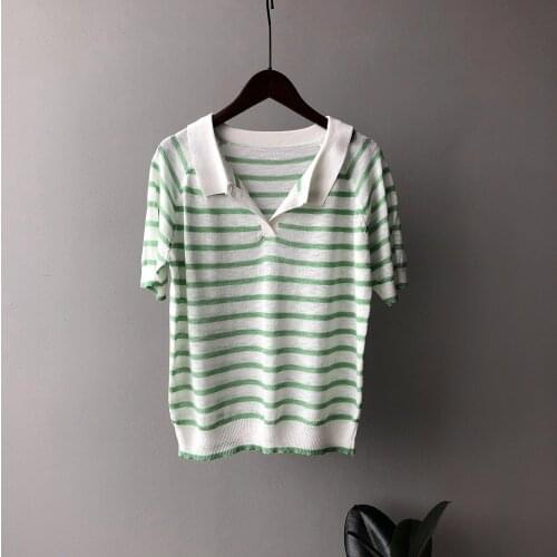 Summer Ice Silk Short Sleeve Lapel Stripe T-shirt Womens 2021 Summer New knitting Casual Top 2021 women fashion clothing