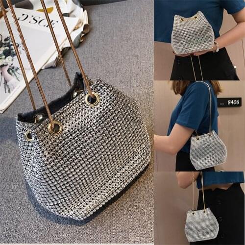 Lady Messenger Bag Elegant Gold Chain Rhinestone Silver Bag Fashion Bucket Shoulder Bag Large Capacity