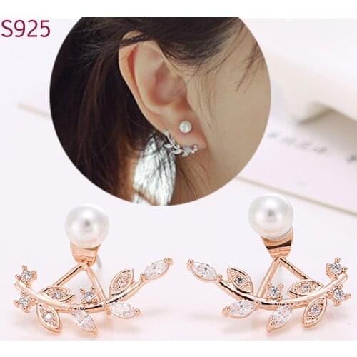 Real Pure 925 Sterling Silver Needle Stud Earrings for Women Fine Jewelry Pearl Cubic Zircon Rose Gold Korean Fashion Schmuck