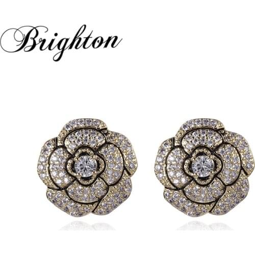 Brighton New Fashion Crystal Contracted Romantic Flower Womens Stud Earrings Elegant Zircon Brincos Temperament Jewelry Weeding