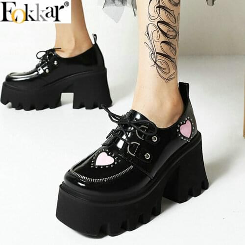 Eokkar 2021 Women Platform Shoes Gothic Lolita Shoes Pumps Vintage Shoes Pumps Square Toe Gothic Punk Pumps Shoes Lace Up Patent