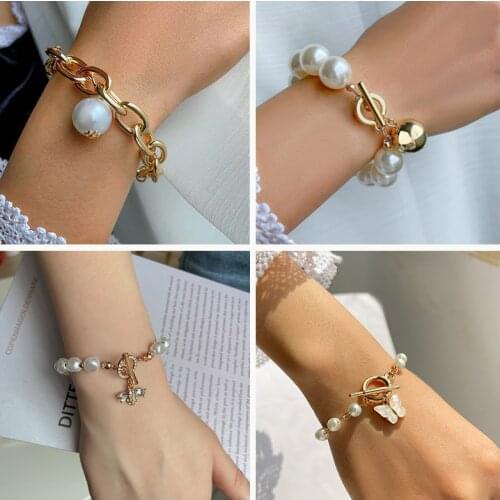 Punk Gothic Imitation Pearls Lock Bracelets Female Knot Flower Bracelet Bangles For Women 2021 Fashion Gold Coin Jewelry