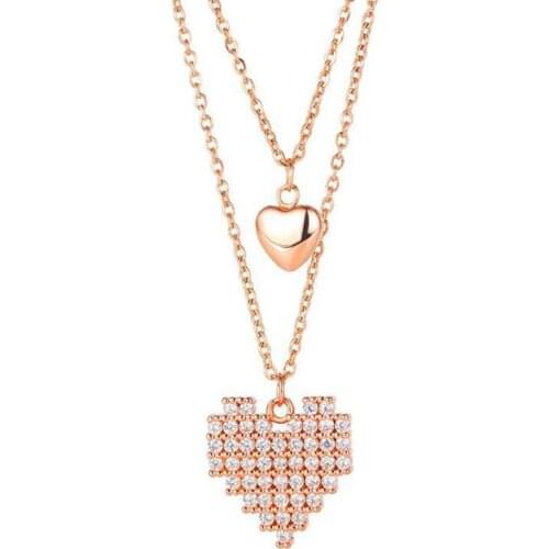 Stainless Steel Women Fashion Cubic Zirconia Stones Rose Gold Double Heart Pendant Necklace Minimalism Jewelry Gift For Him