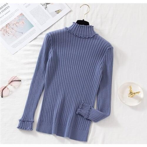 2021 Women Flare Sleeve Turtleneck Knitted Basic Ruffles Sweater Shirt Lady Elastic Slim Ribbed Tight Pullover Chic Blouse Tops