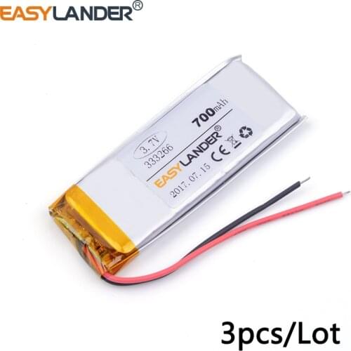 3pcs /Lot 3.7v lithium Li ion polymer rechargeable battery 333266 700mah MP5 GPS Dipper LED light box DIY speaker