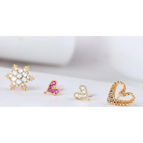 6pcs Korean Stud Earrings Plated Inlaid Zircon Snowflake Love Earrings For Women girls Pendant Material Diy Jewelry Accessories