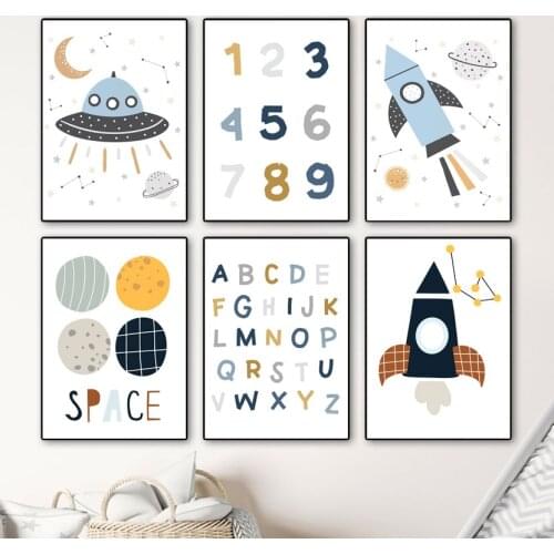 Alphabet Digital Space Rocket Ufo Nordic Education Posters And PrintsArt Canvas Painting Wall Pictures For Baby Kids Room Decor